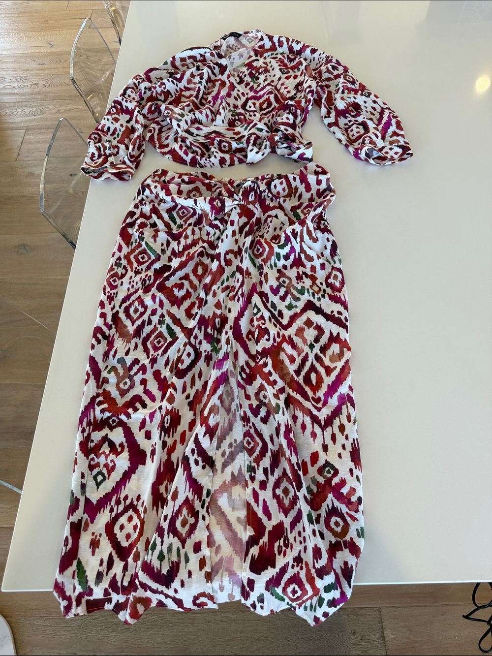 Zara Geometric Tie Front Blouse and skirt SET in White & Red Size Large